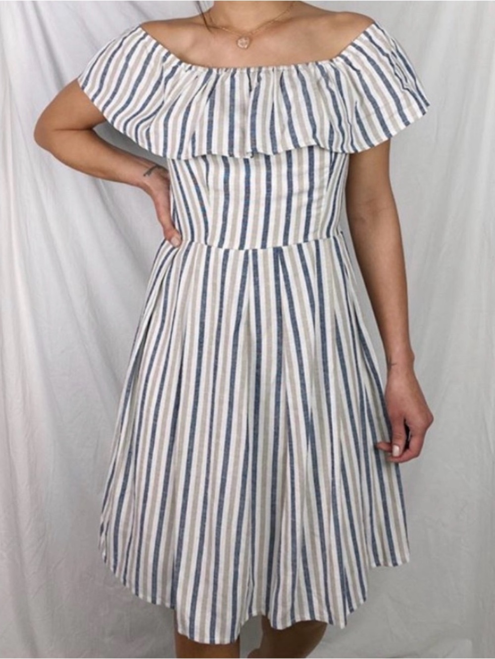 Ces Femme Striped Strapless Ruffle Dress - White & Navy